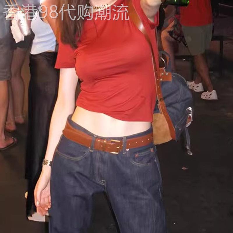 辣妹红色正肩短袖t恤女夏季欧货设计感修身显瘦短款圆领内搭上衣