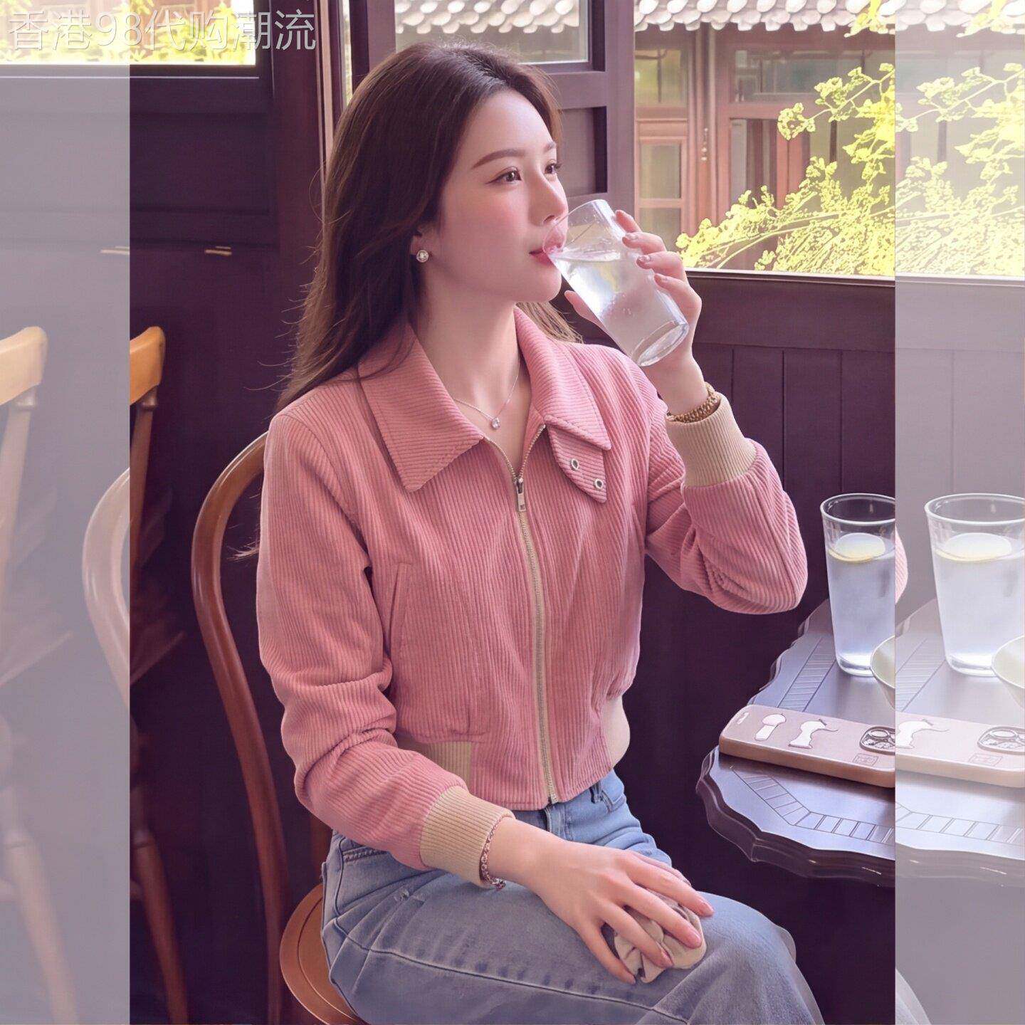 2026秋季大码新款设计感休闲风粉色翻领短款外套女装修身拉链夹克