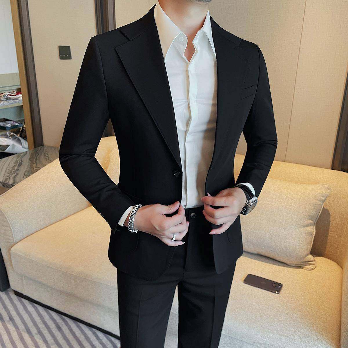 高端纯色休闲西装男套装薄款英伦修身帅气免烫商务正装小西服外套
