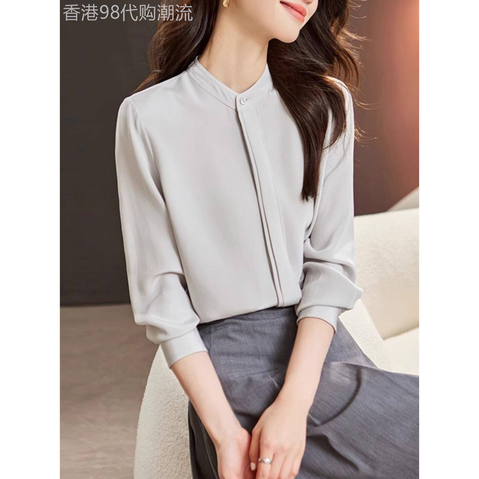 职业通勤衬衫女春季2025新款立领桑蚕丝彷真丝长袖衬衣女洋气套头