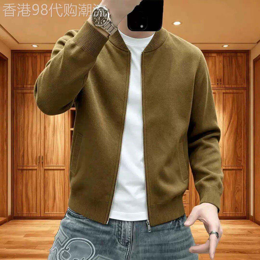 潮牌老钱风棒球领男士针织开衫秋冬季时尚休闲百搭纯棉夹克外套