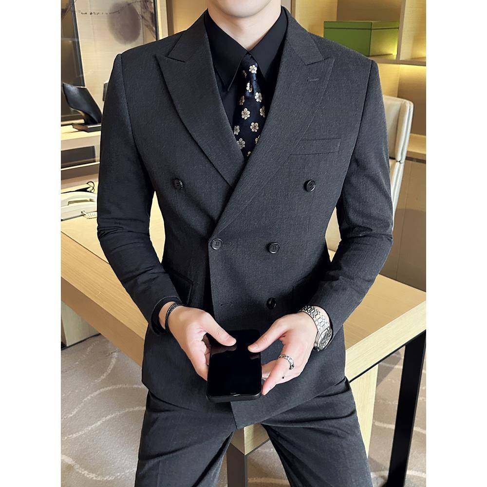 高端双排扣西装套装男高级感新郎结婚礼服韩版修身商务西服三件套