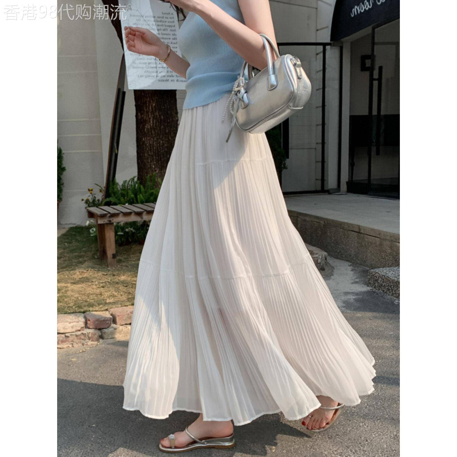 垂感白色半身裙女2026夏季新款高腰大摆a字裙子雪纺裙蛋糕百褶裙
