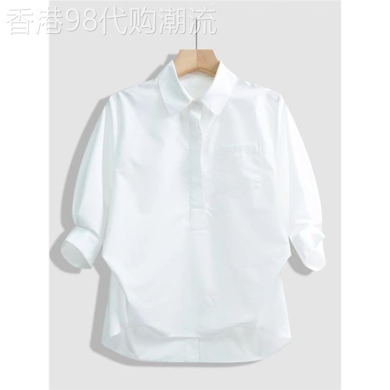 白色POLO领短袖衬衫女夏季欧货小众五分袖衬衫不规则下摆短款上衣