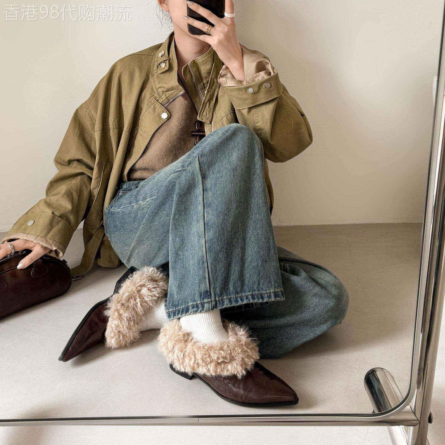 冬日恋歌~法式老钱风复古高跟尖头深口毛毛鞋女冬季加绒粗跟单鞋