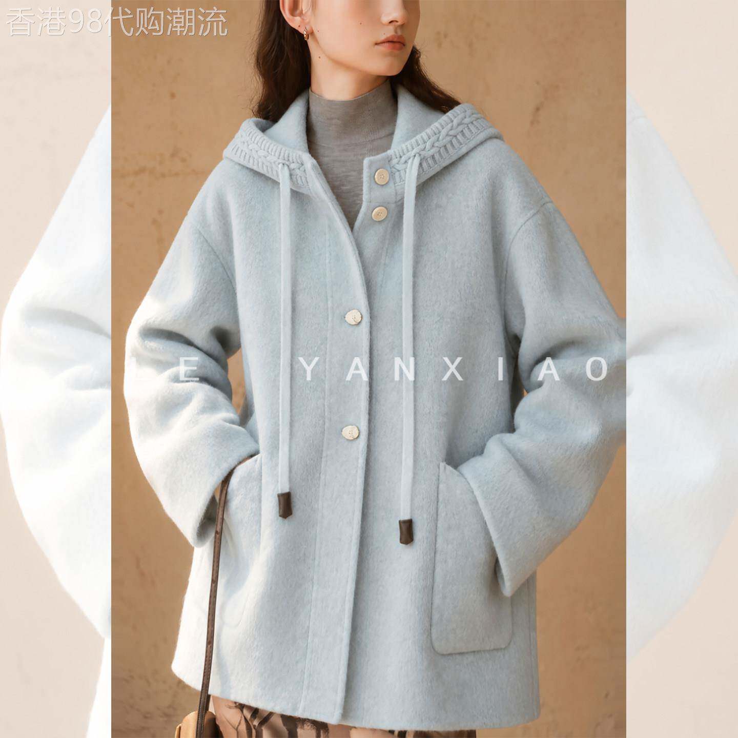 蓝色连帽双面羊毛呢子大衣女2026冬设计感小个子短款廓形毛呢外套