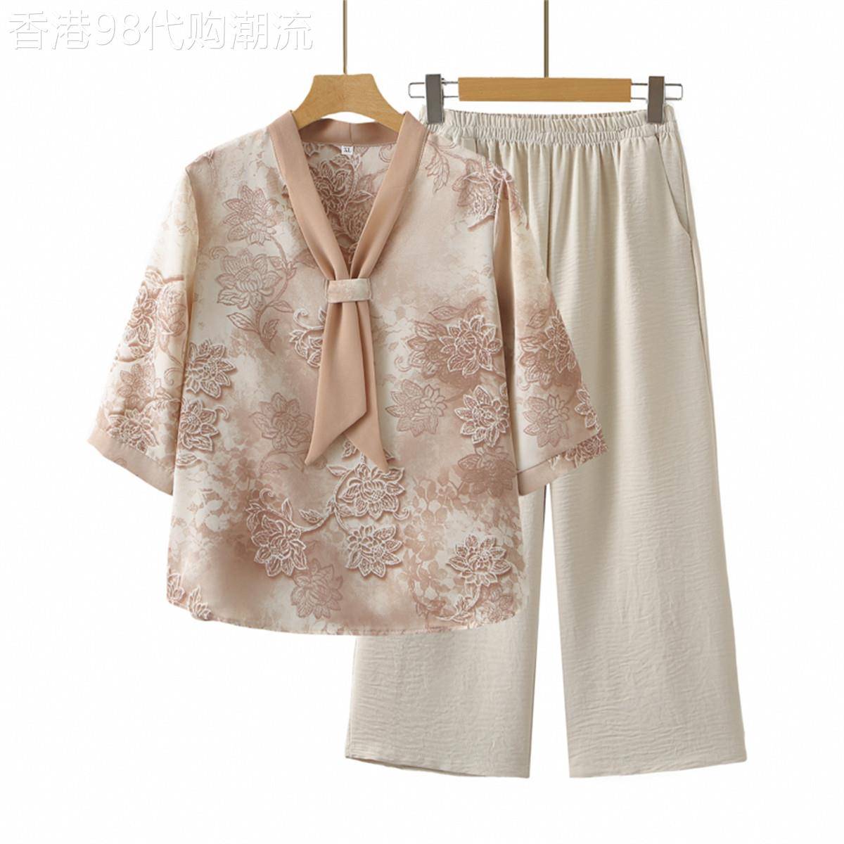 中老年妈妈新中式休闲套装女士夏季薄款宽松大码小个子洋气两件套