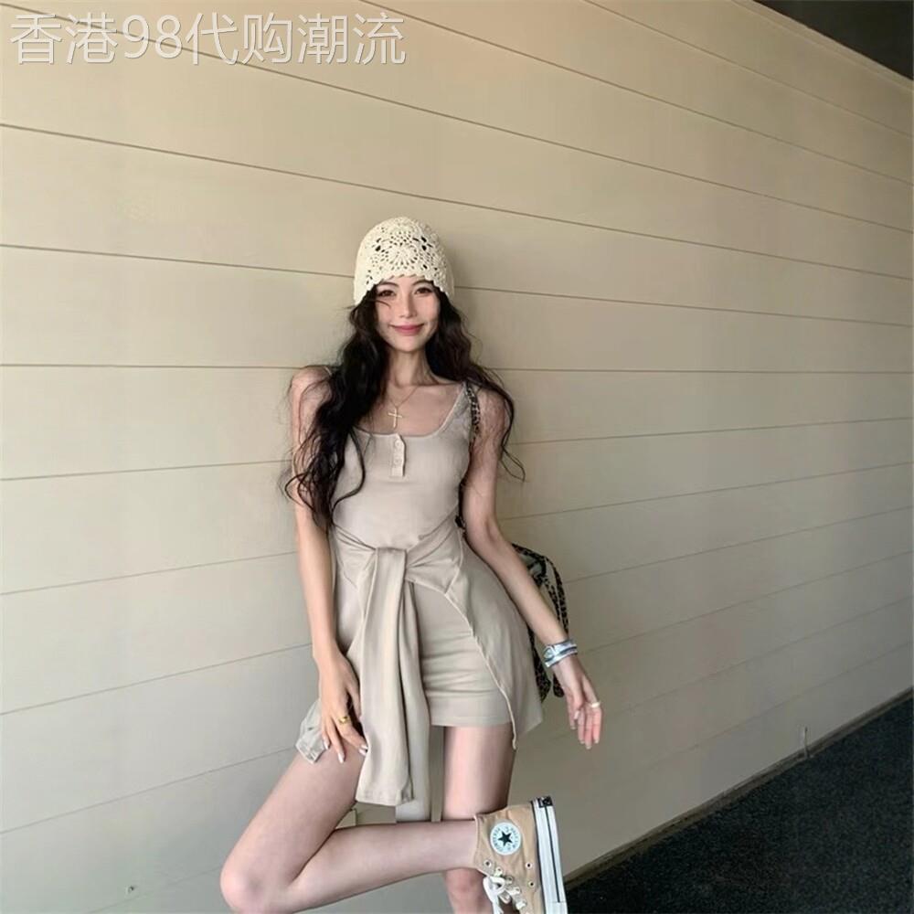 日系假两件带胸垫吊带连衣裙女夏季修身无袖背心短裙辣妹包臀裙子