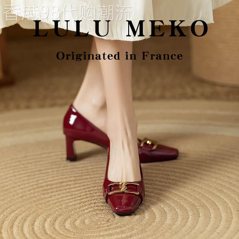 LULUMEKO新款漆皮女鞋春气质方头高跟鞋粗跟浅口单鞋小跟真皮鞋子