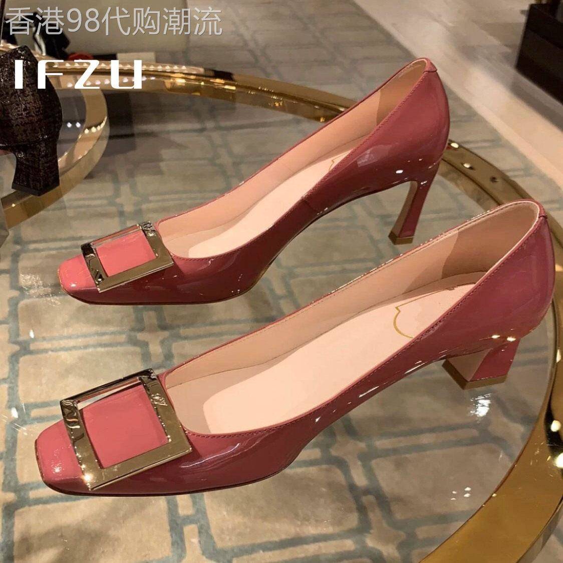 真皮粗跟高跟鞋女春秋季2025新款法式方扣不累脚低跟方头浅口单鞋