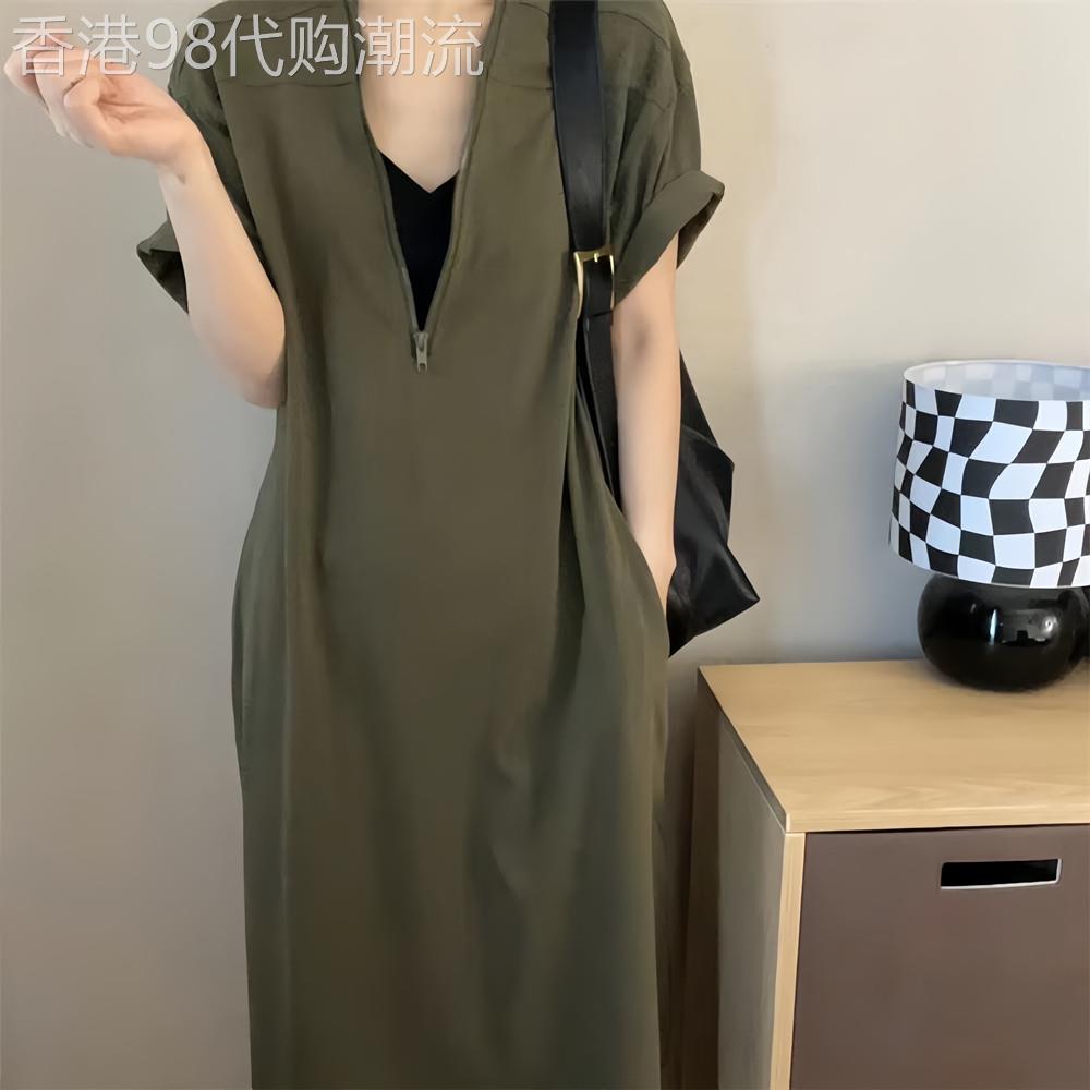 时尚短袖连衣裙女夏季新款宽松显瘦休闲百搭V领拉链女士中长裙子