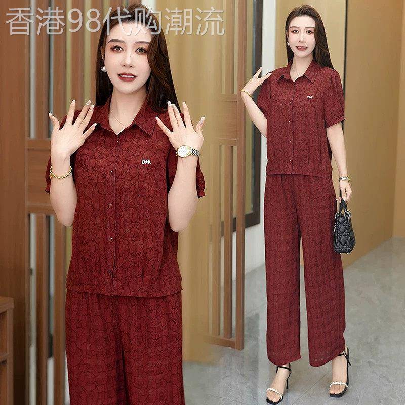 香港代购时尚休闲套装女夏新款遮肉显瘦印花短袖衬衫阔腿裤两件套