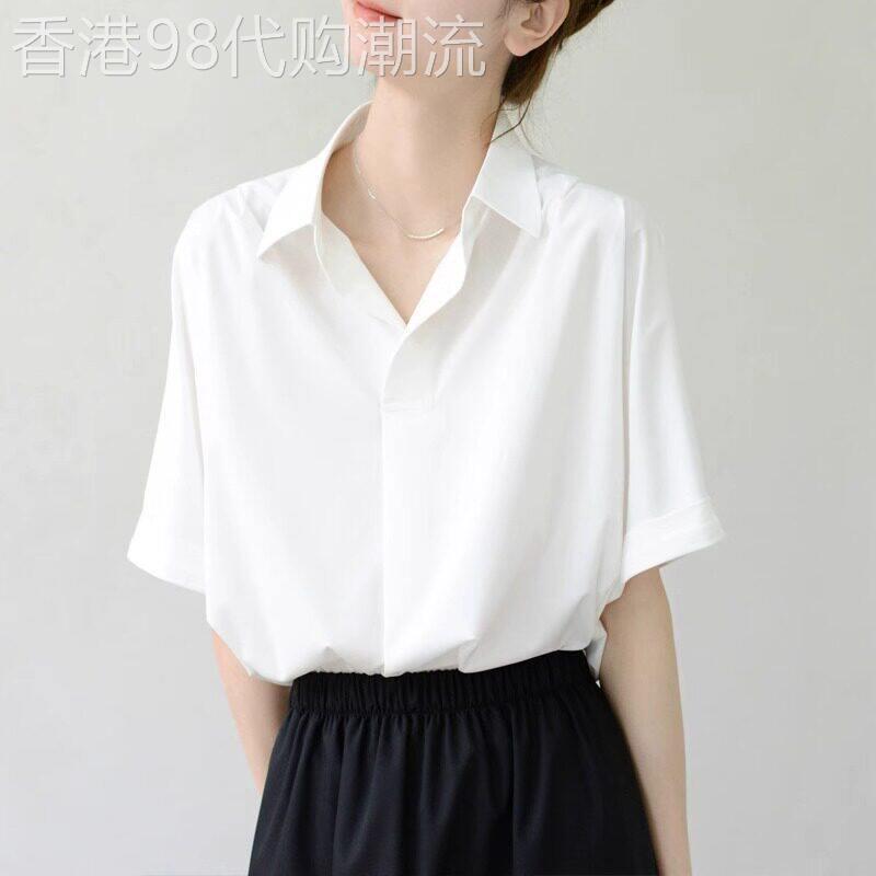 2026年Polo领白色衬衣女夏短袖舒适慵懒随性显瘦宽松百搭气质上衣