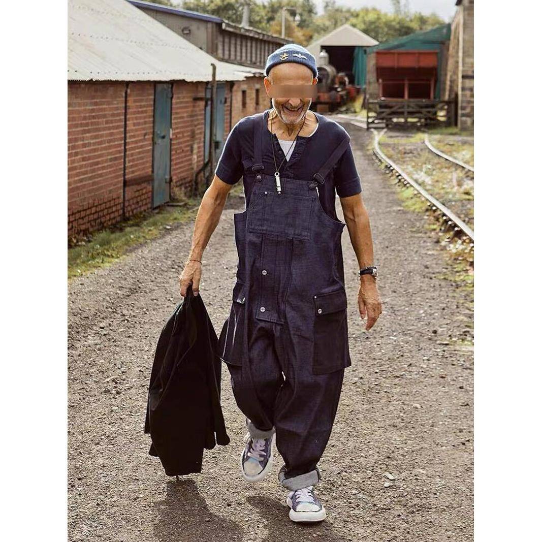 疯狂Mdns凝块日式连体裤吊带工装裤男士牛仔裤宽松工装裤爸爸裤子