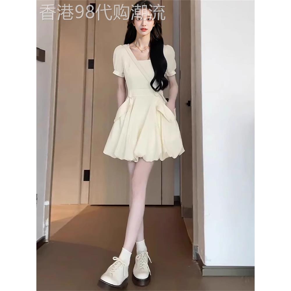 洋装女夏季薄款2026新款修身显瘦高级感气质蓬蓬花苞a字短裙子