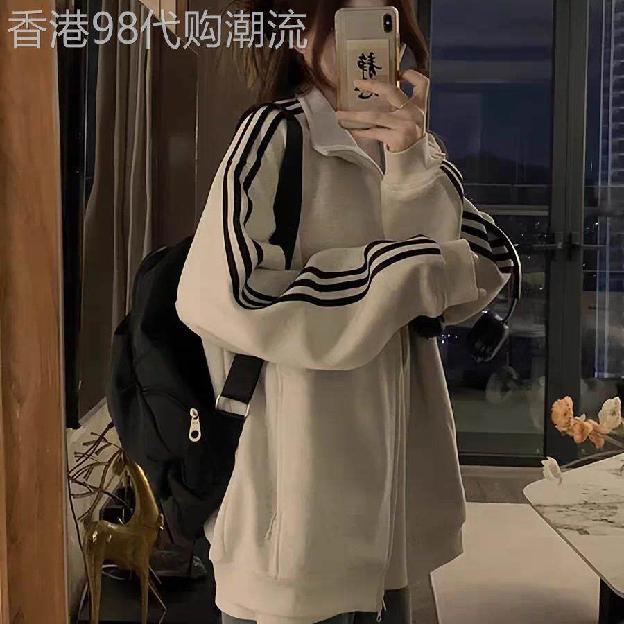 条纹卫衣外套女春秋季薄款2026新款宽松慵懒风小个子拉链开衫上衣