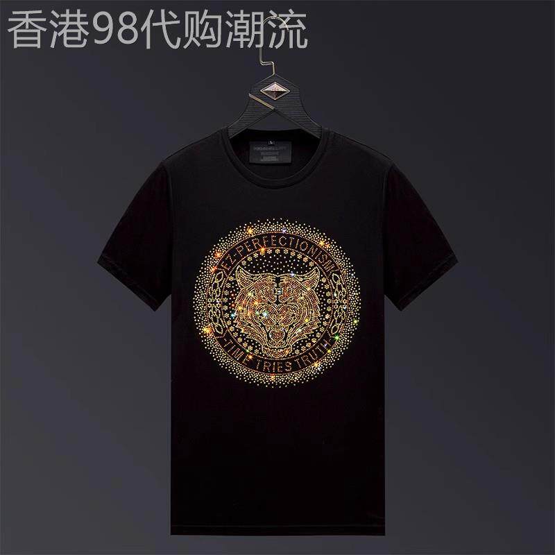 香港正品潮牌夏季金色老虎头烫钻半袖男女丝光棉修身冰丝短袖T恤