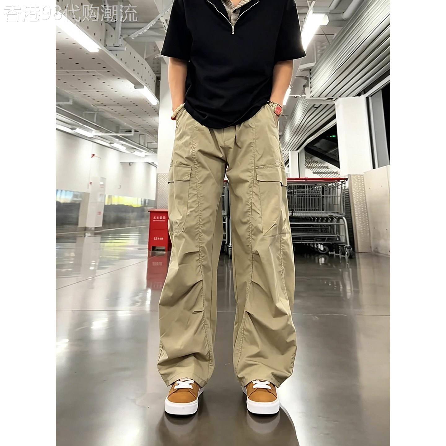 卡其色多口袋工装裤男款夏季美式高街弯刀裤子潮牌宽松拼接阔腿裤
