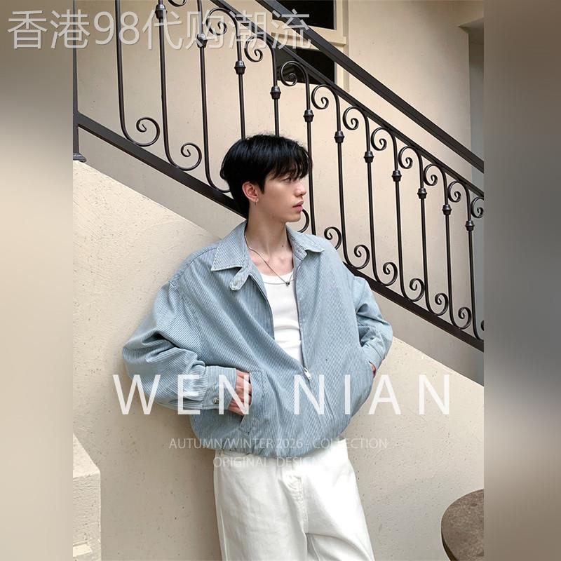 韩国WEN NIAN老钱风竖条纹宽松夹克男2026春季短款哈灵顿上衣外套