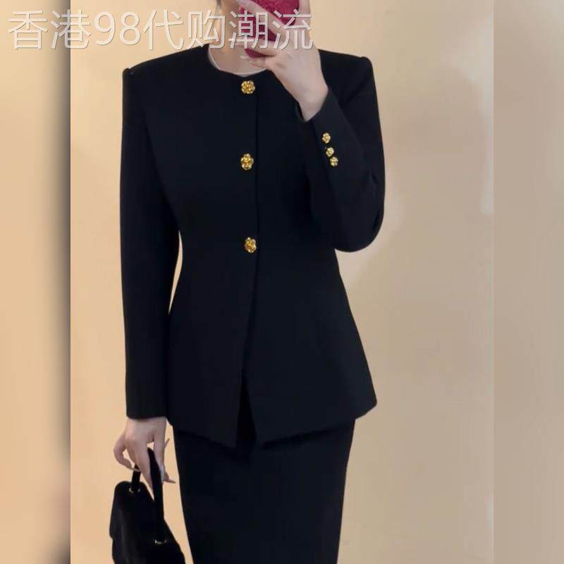 秋季高端名媛富家千金气质穿搭套装黑色小香风外套a字半身裙显瘦