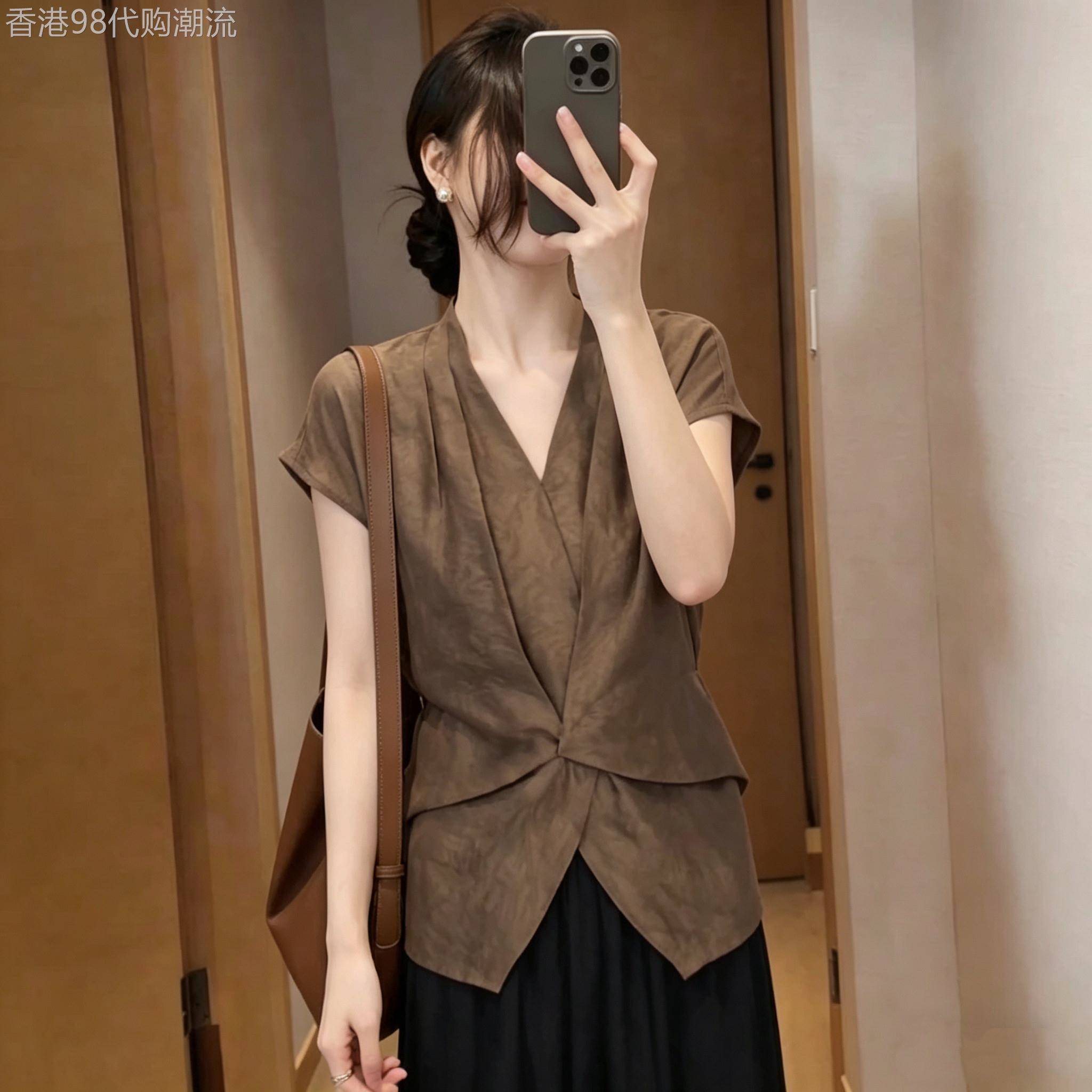2026新款扭结V领短袖T恤女装夏季新款大尺码胖mm遮肚子百搭上衣潮