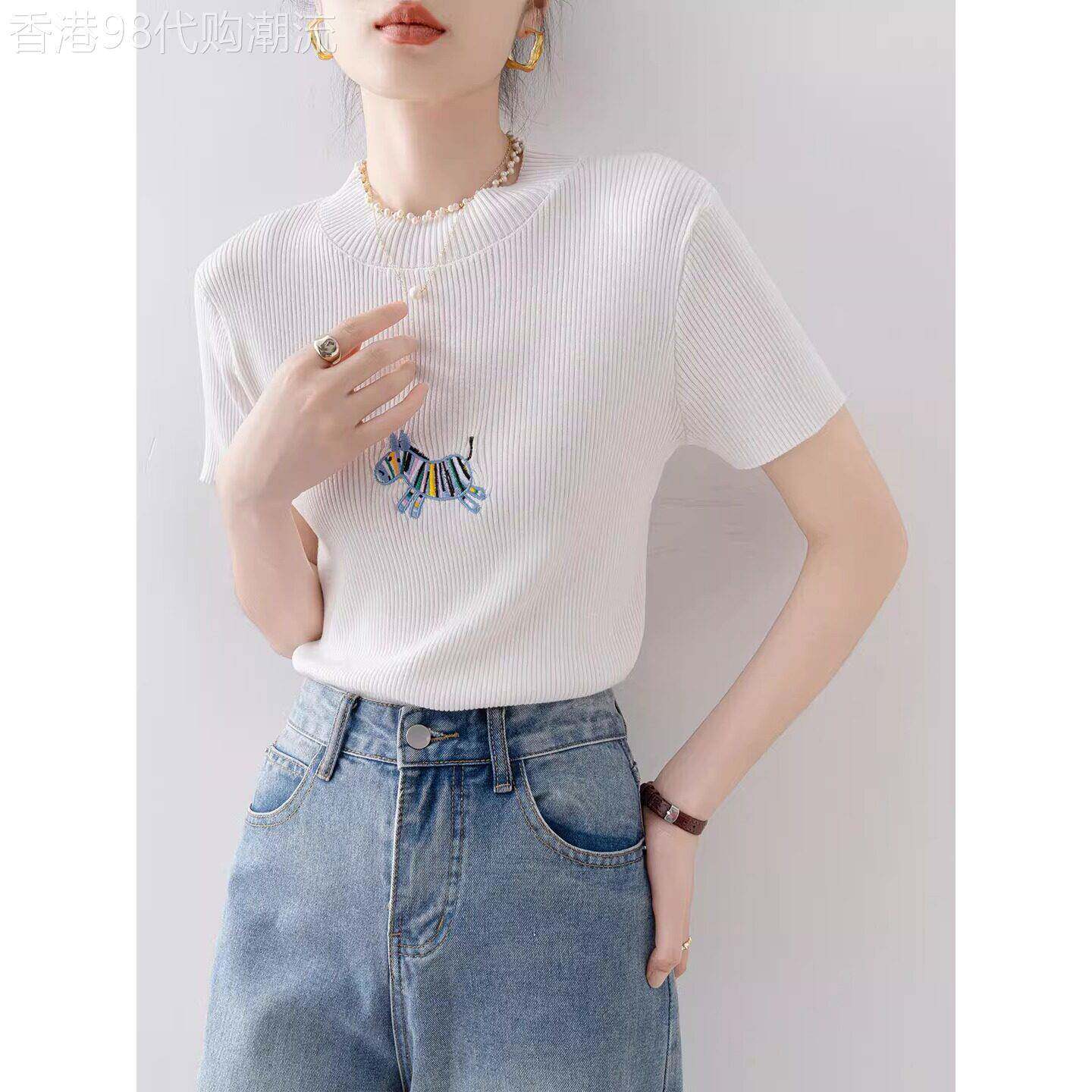 Canary Kiss白色圆领T恤女2026夏季新款韩版修身显瘦正肩休闲上衣