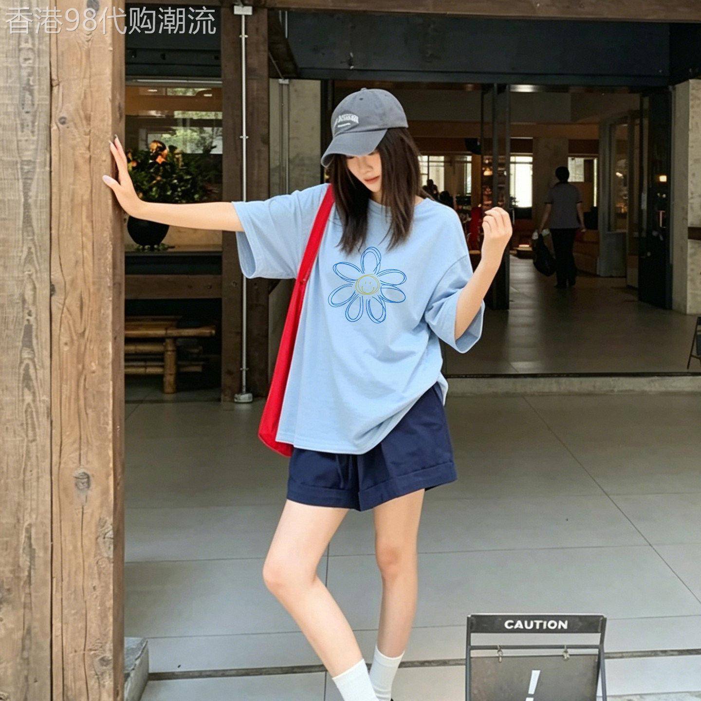 笑脸花朵蓝色纯棉短袖T恤女夏季2026新款宽松百搭休闲时尚半袖
