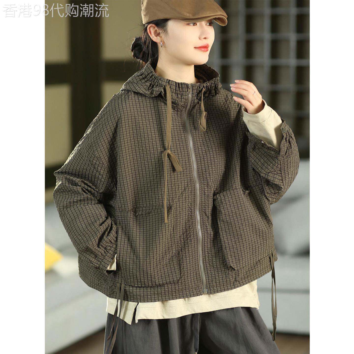 复古肌理感格纹连帽外套女春秋季2026年新款纯棉短款开衫外搭上衣