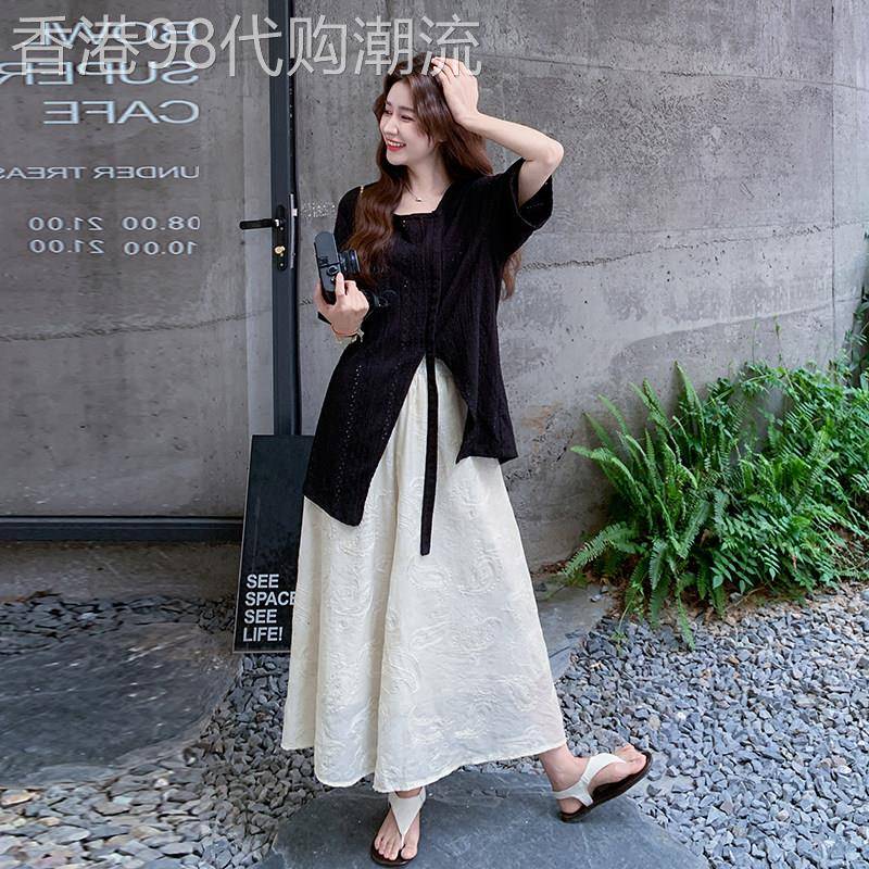 夏日松弛感穿搭套装女2026新款不规则开叉薄款针织上衣裤裙两件套