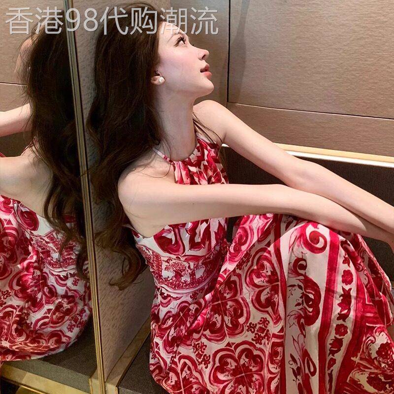 法式红色碎花挂脖连衣裙女2025夏季新款独特超好看无袖吊带长裙子