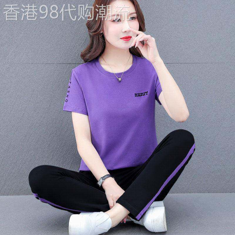 时尚纯棉跑步夏季两件套女装短袖七分长裤大尺码休闲健身运动服套
