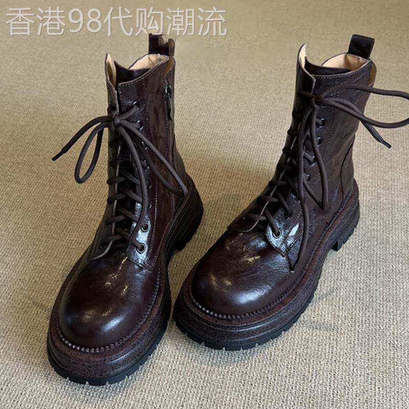 真皮厚底马丁靴女款冬季加绒保暖系带机车单靴子复古英伦风短靴子
