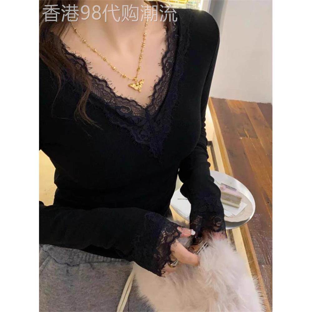 黑色V领蕾丝磨毛打底衫早秋新款女装御姐风性感小衫修身内搭上衣