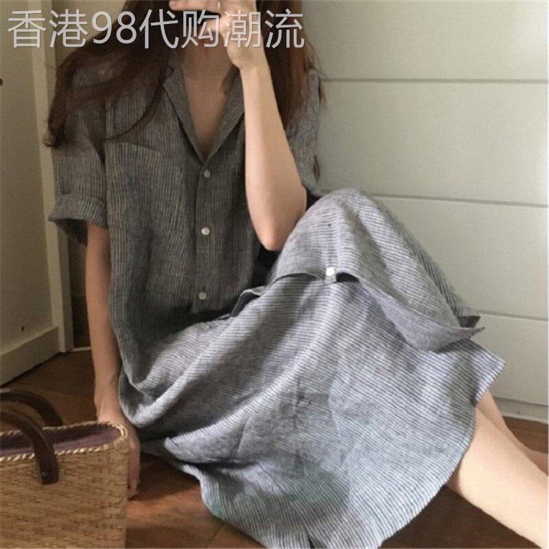 条纹棉和亚麻衬衫连衣裙的妇女夏季欧洲苎麻长过膝亚麻马球文学短