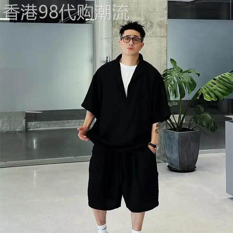 假两件老钱风休闲套装男士夏季高级感时尚宽松短袖衬衫短裤两件套