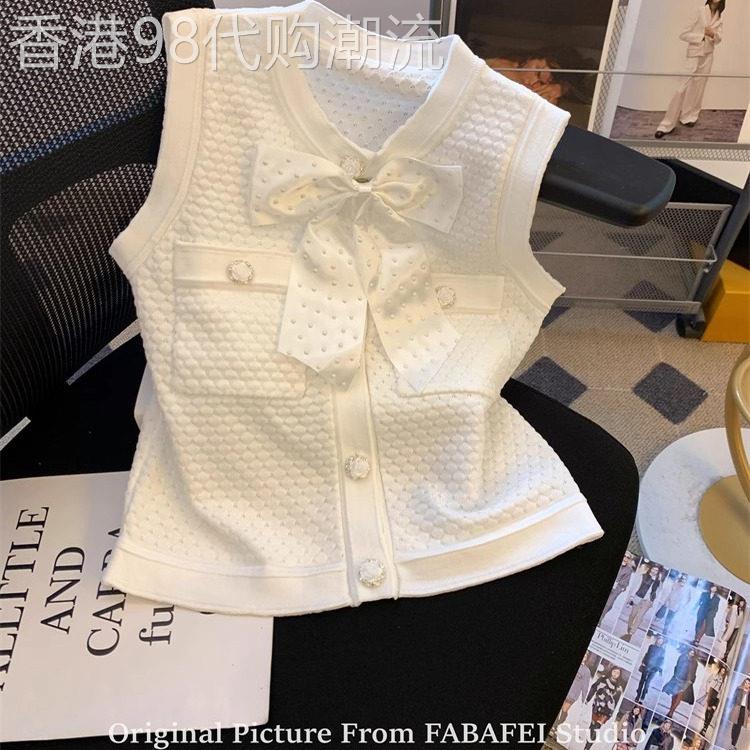 韩国法式白色华夫格针织背心女夏季款小香风钉珠蝴蝶结无袖小上衣