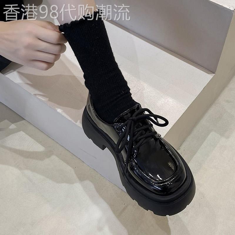 英伦风厚底小皮鞋女春新款圆头百搭黑色系带单鞋松糕乐福鞋ins潮