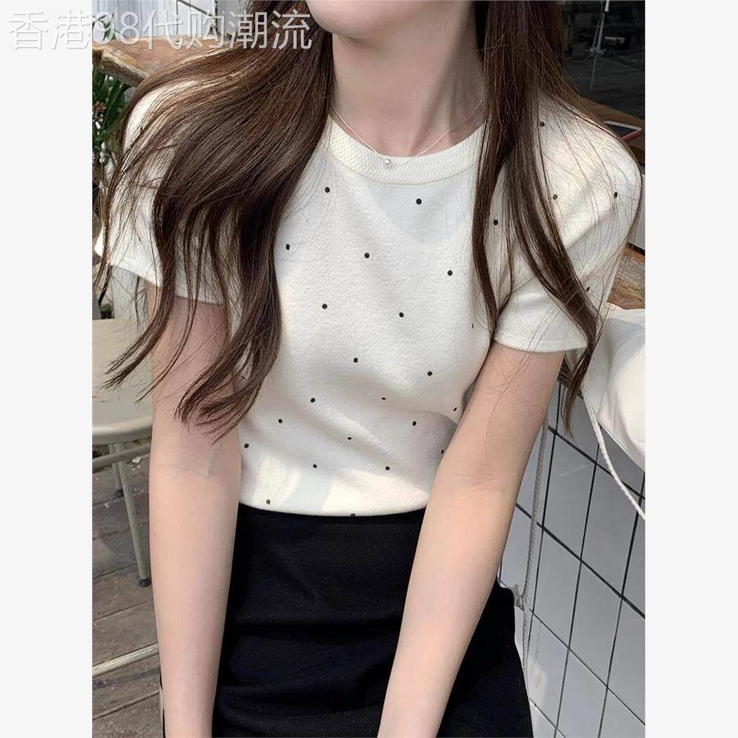 日系圆领波点短袖针织T恤女新款夏季正肩高级感小香半袖上衣爆款