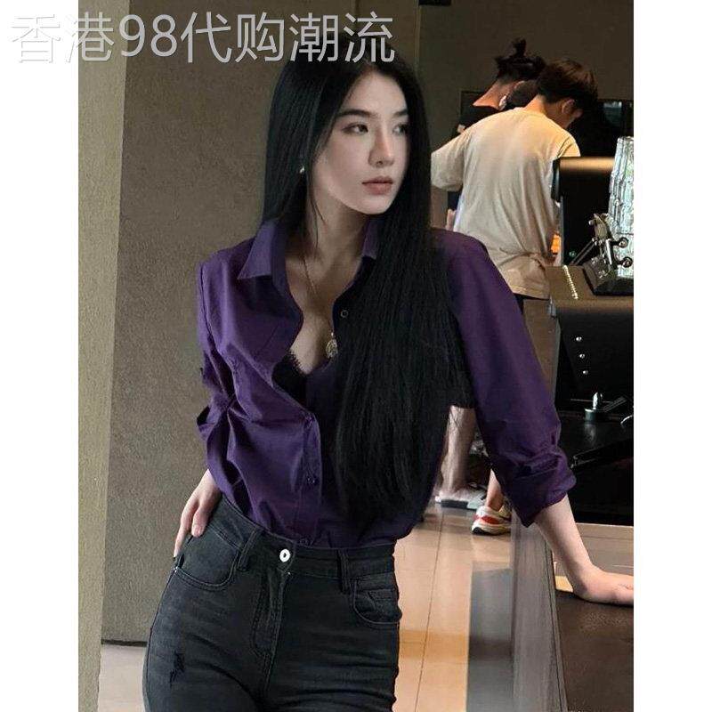 小马刺绣防晒紫色衬衫女春秋季欧货休闲百搭显瘦小众长袖衬衣上衣