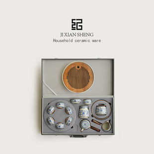 汝窑青花缠枝莲双侧把功夫茶具套装 中式 家用高档泡茶壶送长辈礼物