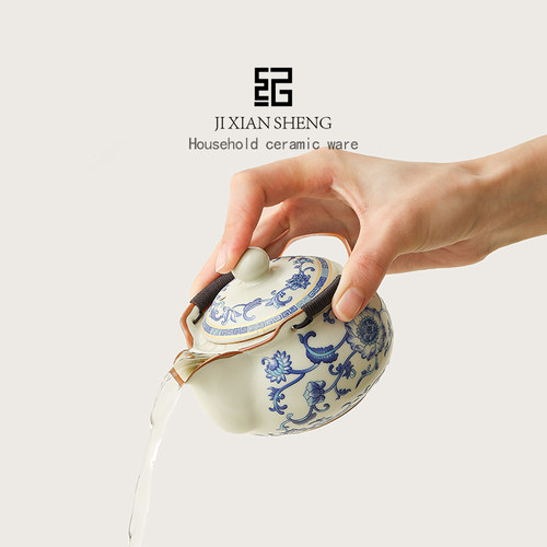 青花汝窑手抓壶盖碗茶杯单个高档防烫泡茶壶家用功夫茶具带盖茶碗