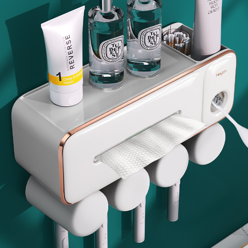 轻奢风多功能牙刷置物架挤牙膏器一体刷牙杯架子家庭壁挂式免打孔