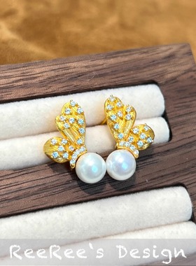 Veri薇芮 复古巴洛克珍珠蝴蝶耳钉 s925银镀金 甜美精工拉丝