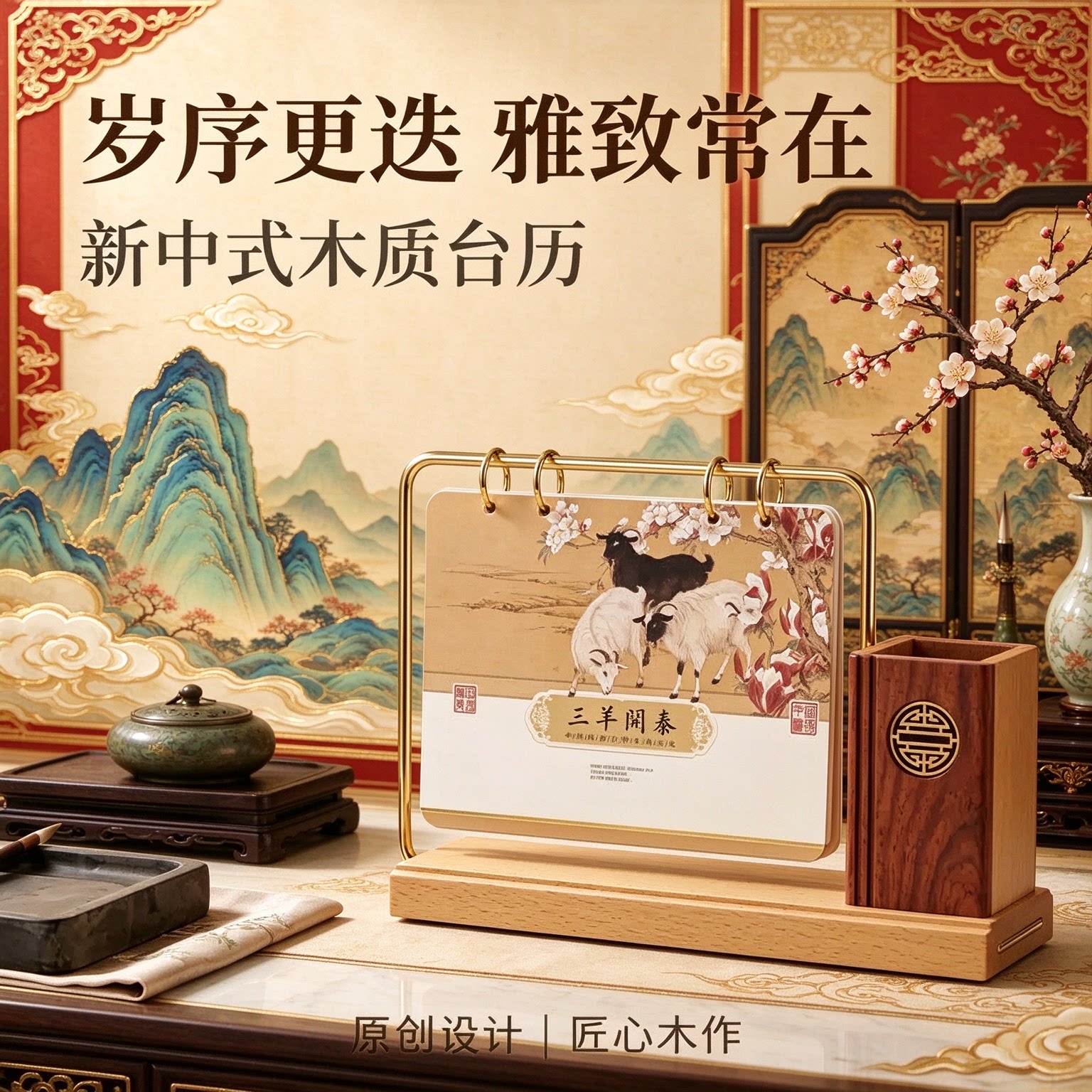 2027年台历创意实木立体日历木质工艺摆件摆台办公桌书房客厅装饰新年礼物公司企业商务定做定做原创简约复古