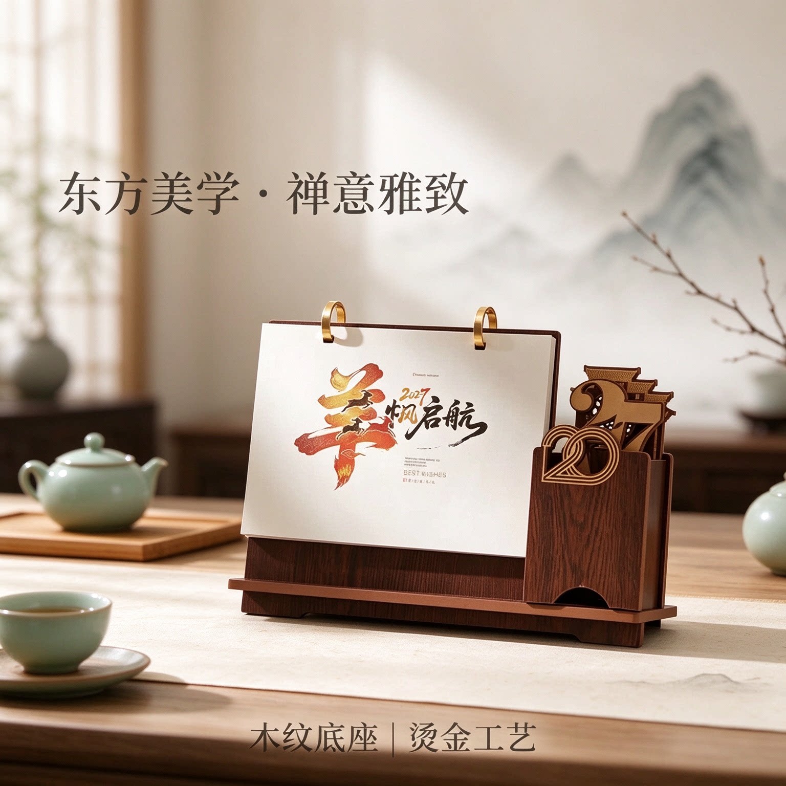 2027年台历创意立体笔筒日历实木工艺桌面摆件摆台办公桌书房客厅装饰新年礼物公司企业商务定做原创简约复古