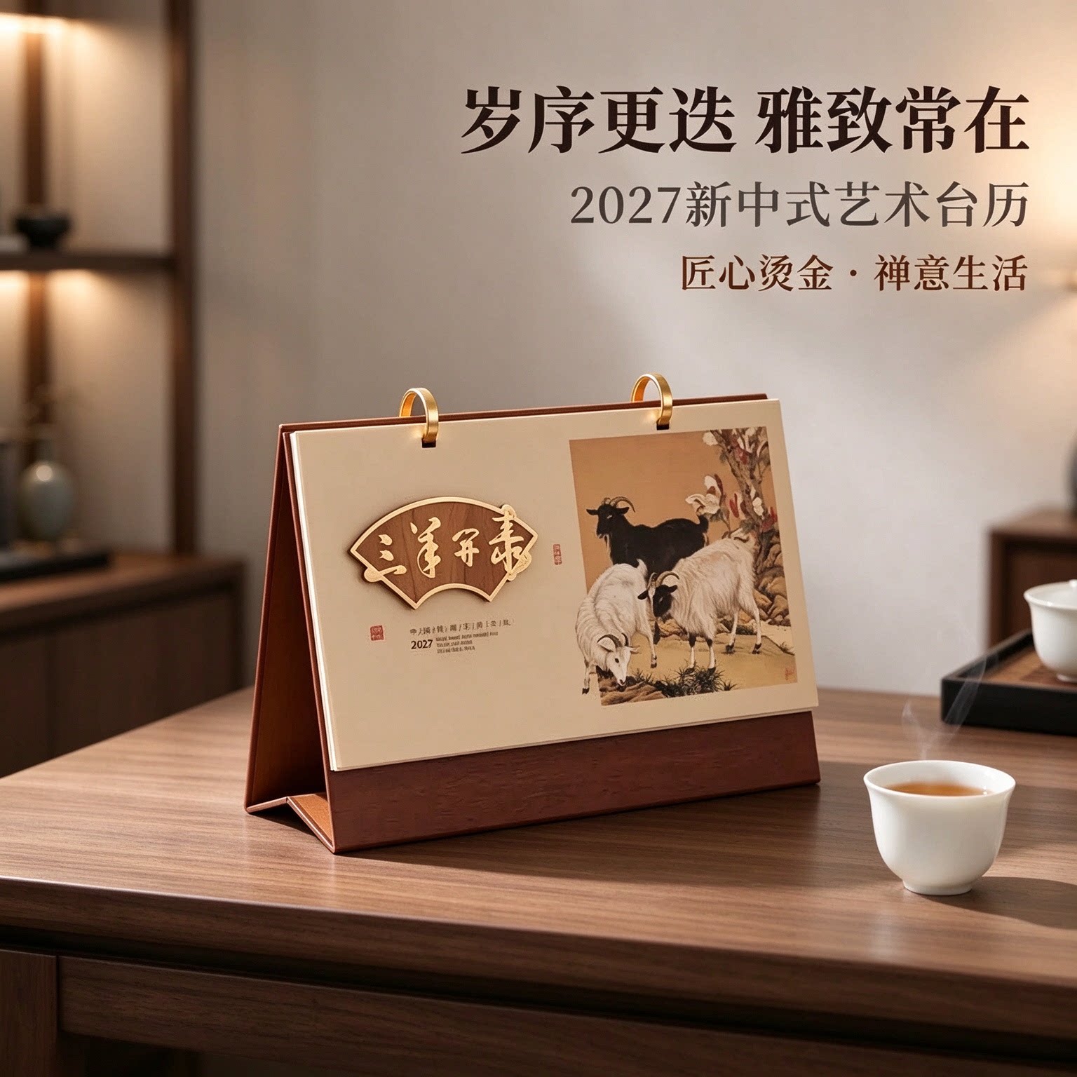 2027年台历创意立体日历皮质木纹实木工艺摆件摆台办公桌书房客厅装饰新年礼物公司企业商务定做原创简约复古