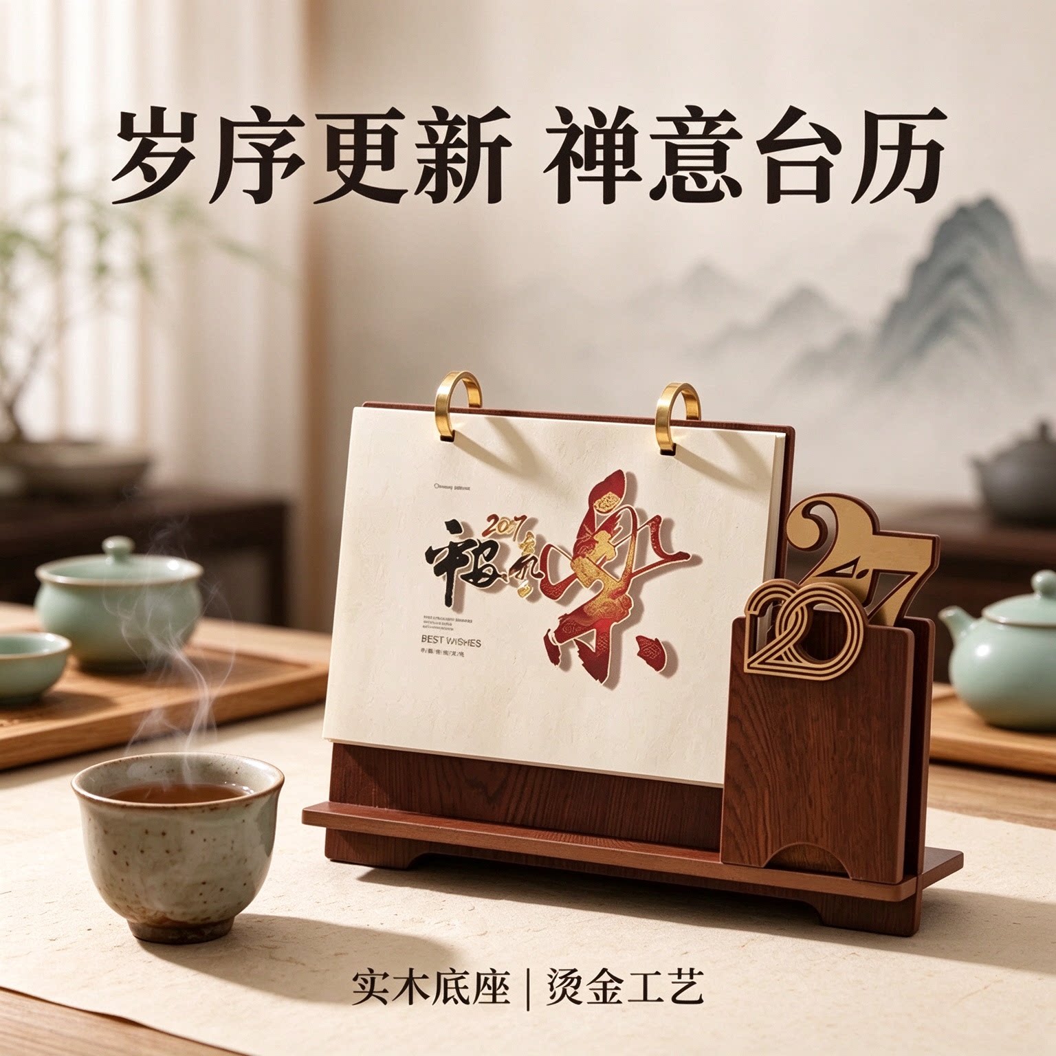 2027年台历创意立体笔筒日历实木工艺桌面摆件摆台办公桌书房客厅装饰新年礼物公司企业商务定做原创简约复古