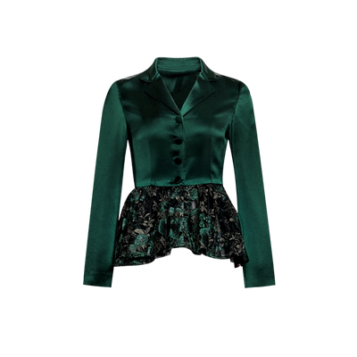 翡翠绿俏云曦缎面蕾丝裙套装春装