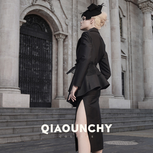 高级感 高开衩包臀半身裙一步裙 QIAOUNCHY俏云曦｜黑色羊毛料法式