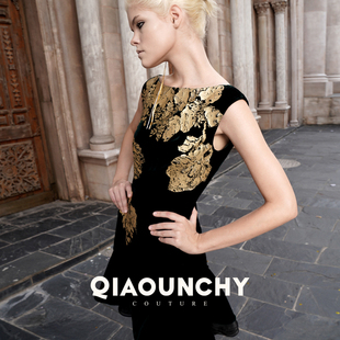 复古风连衣裙长裙 真丝丝绒法式 烫金帝王绿 QIAOUNCHY俏云曦